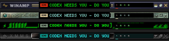 The bar in four skins: base Winamp, TopazAmp, Green Dimension, XMMS-Turquoise